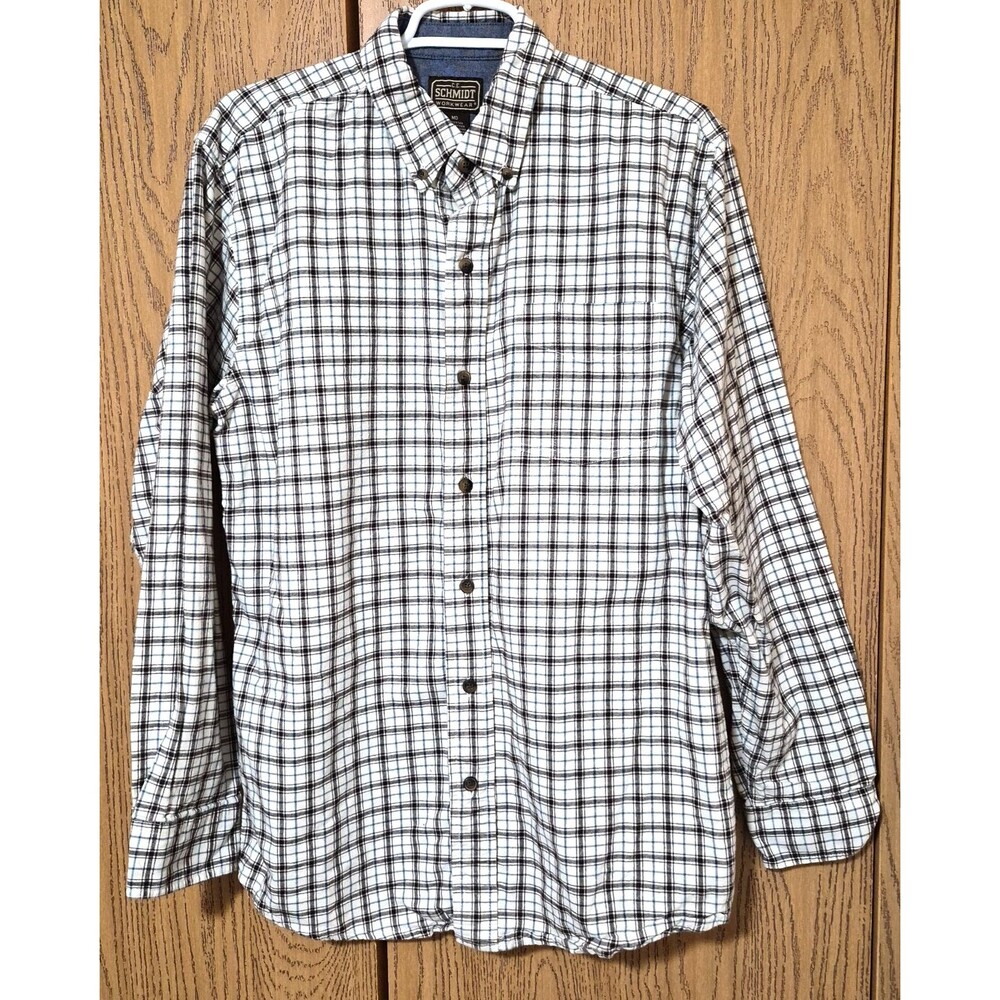 C.E. Schmidt Men's White Black Green Plaid Button Down Collared Shirt Sz MD